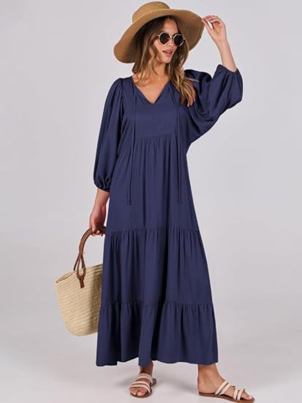 Womens Boho Floral 3/4 Puff Sleeve Maxi Dress
